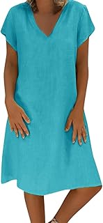 Women’s Summer Solid Cotton Linen V-Neck Dress