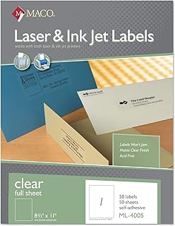 MACO Full Sheet Clear Matte Printable Labels – Box of 50