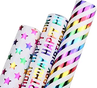 Birthday Wrapping Paper Roll, 3 Rolls Happy Birthday Star Stripes Design