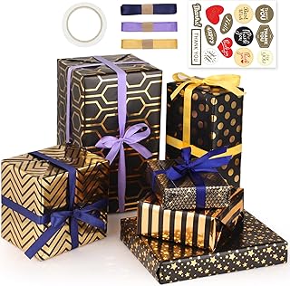 Bigqin 6 Sheets Black Gold Gift Wrapping Paper Set
