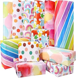 6Pcs Birthday Xmas Wrapping Paper Sheets with 2 Ropes