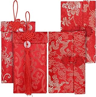 4 Pcs Silk Red Envelopes with Dragon and Phoenix Embroidery