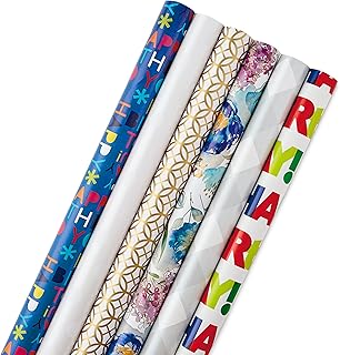 Hallmark Birthday Wrapping Paper Rolls - Floral, White, Gold & Pol